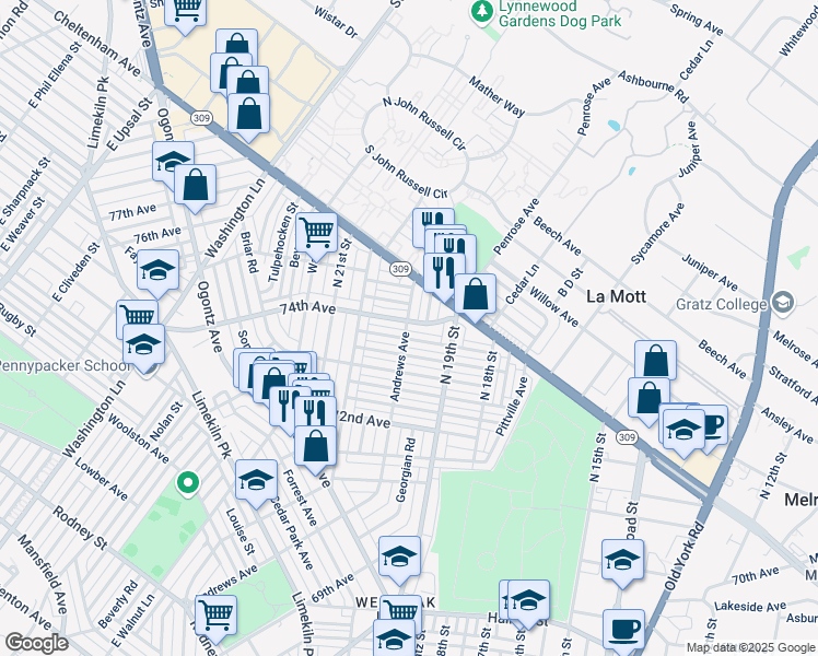 map of restaurants, bars, coffee shops, grocery stores, and more near 1948 74th Avenue in Philadelphia