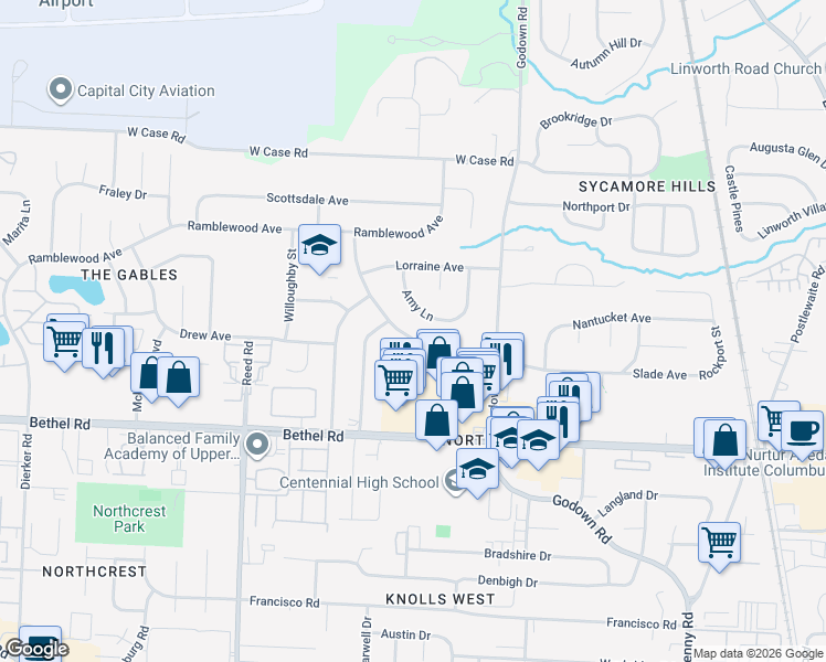 map of restaurants, bars, coffee shops, grocery stores, and more near 1484 Braeton Parkway in Columbus