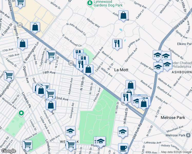 map of restaurants, bars, coffee shops, grocery stores, and more near in Elkins Park