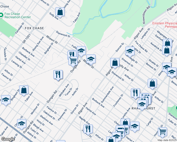 map of restaurants, bars, coffee shops, grocery stores, and more near 1340 Rhawn Street in Philadelphia