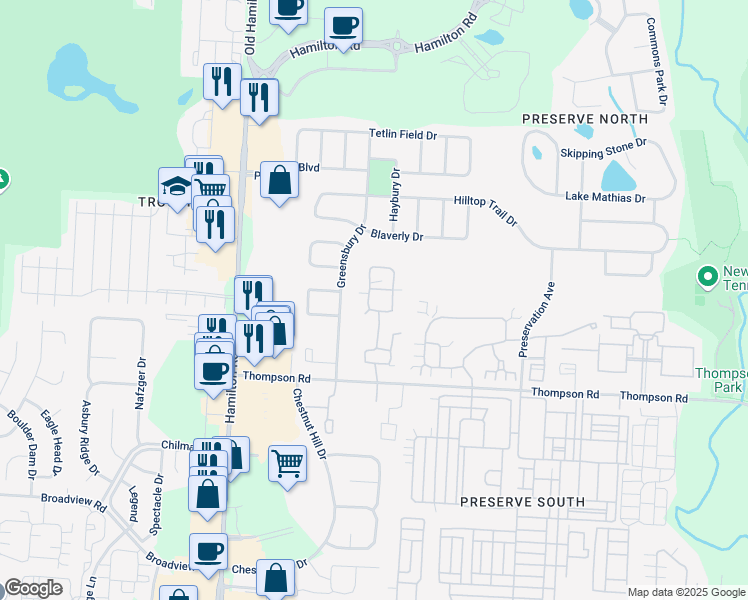 map of restaurants, bars, coffee shops, grocery stores, and more near 4241 Windsor Bridge Place in New Albany