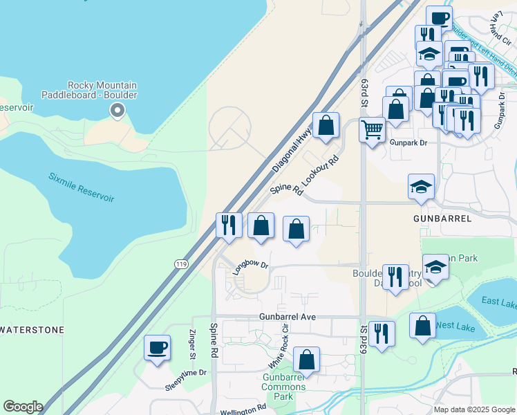 map of restaurants, bars, coffee shops, grocery stores, and more near 6038 Spine Road in Boulder