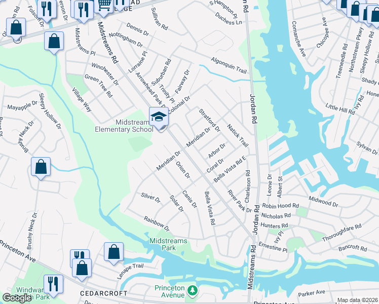 map of restaurants, bars, coffee shops, grocery stores, and more near 607 Midstreams Road in Brick Township