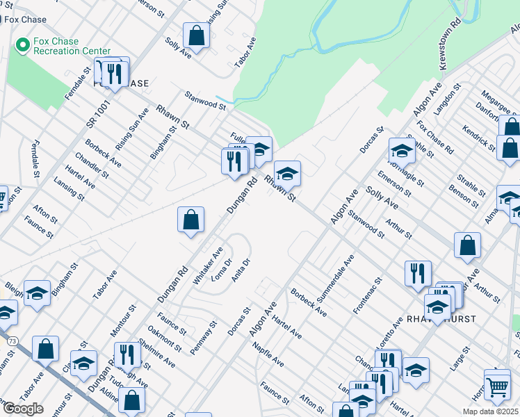 map of restaurants, bars, coffee shops, grocery stores, and more near 1340 Rhawn Street in Philadelphia