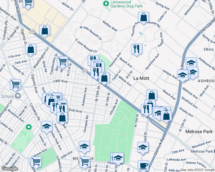 map of restaurants, bars, coffee shops, grocery stores, and more near 1800 West Cheltenham Avenue in Philadelphia