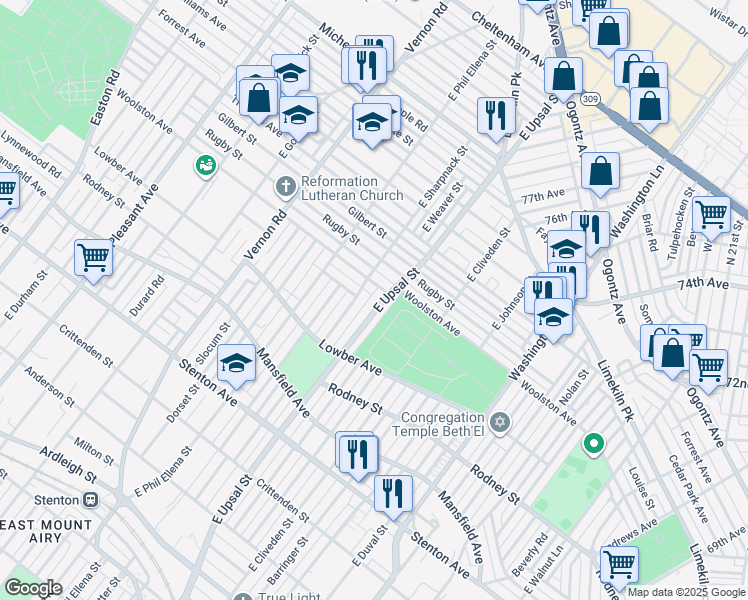 map of restaurants, bars, coffee shops, grocery stores, and more near 1170 East Upsal Street in Philadelphia