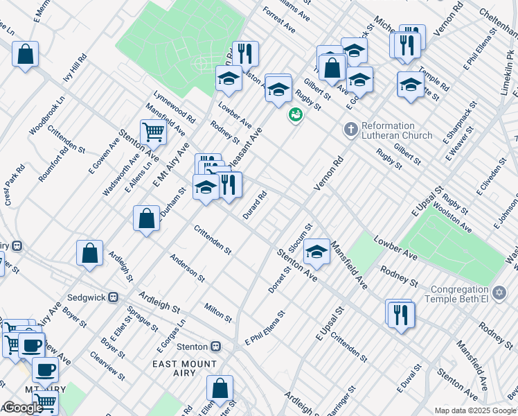 map of restaurants, bars, coffee shops, grocery stores, and more near 8021 Cornelius Street in Philadelphia