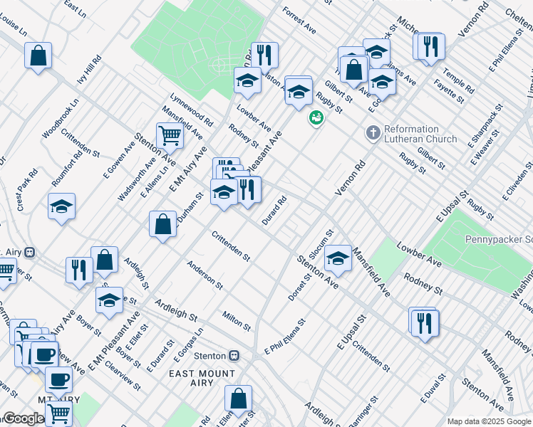 map of restaurants, bars, coffee shops, grocery stores, and more near 915 Durard Street in Philadelphia