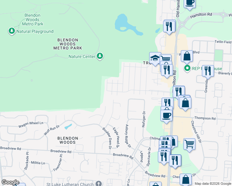 map of restaurants, bars, coffee shops, grocery stores, and more near 5681 Blendon Place Drive in Columbus