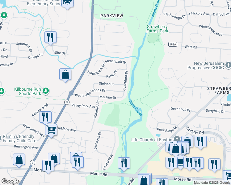 map of restaurants, bars, coffee shops, grocery stores, and more near 3484 Mautino Drive in Columbus