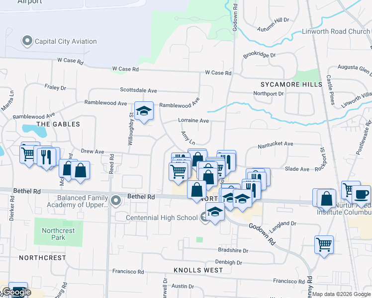 map of restaurants, bars, coffee shops, grocery stores, and more near 1484 Braeton Parkway in Columbus