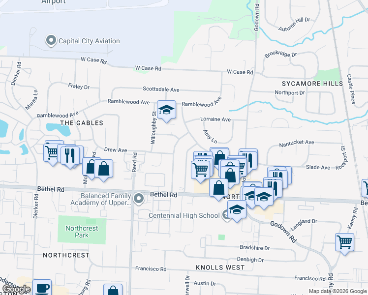 map of restaurants, bars, coffee shops, grocery stores, and more near 5342 Hollister Street in Columbus