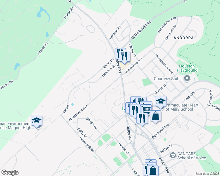 map of restaurants, bars, coffee shops, grocery stores, and more near 717 Manatawna Avenue in Philadelphia