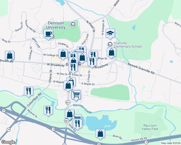 map of restaurants, bars, coffee shops, grocery stores, and more near 316 East Elm Street in Granville