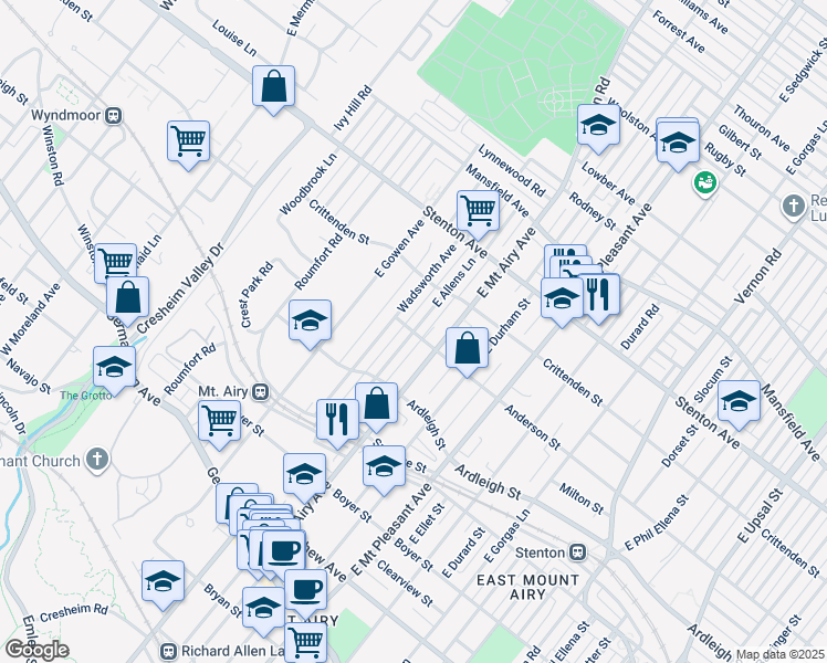 map of restaurants, bars, coffee shops, grocery stores, and more near 500 E Allens Ln in Philadelphia