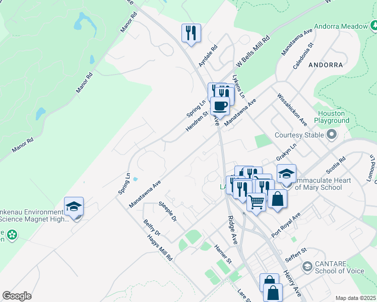 map of restaurants, bars, coffee shops, grocery stores, and more near 734 Manatawna Avenue in Philadelphia