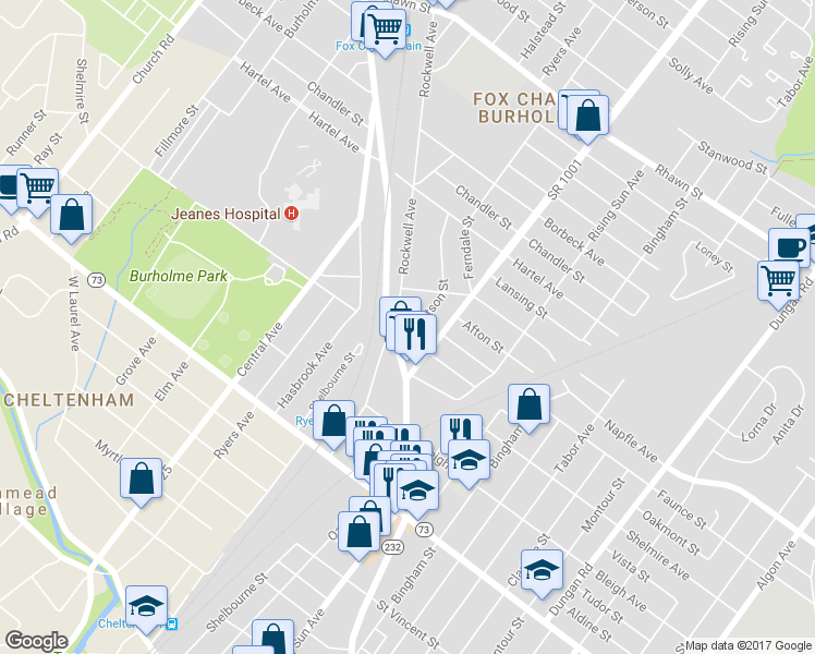 map of restaurants, bars, coffee shops, grocery stores, and more near 7514 Watson Street in Philadelphia