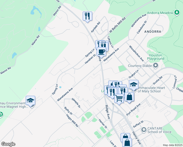 map of restaurants, bars, coffee shops, grocery stores, and more near 717 Manatawna Avenue in Philadelphia
