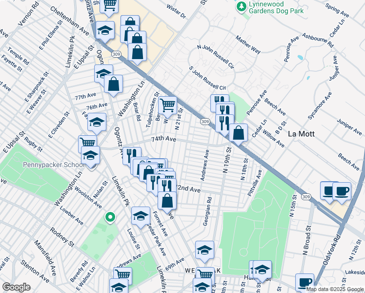 map of restaurants, bars, coffee shops, grocery stores, and more near 7348 North 20th Street in Philadelphia