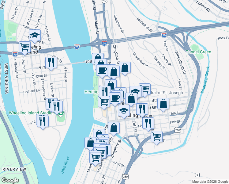 map of restaurants, bars, coffee shops, grocery stores, and more near 1225 Market Street in Wheeling