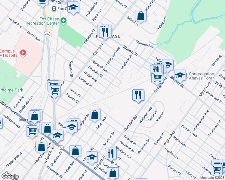 map of restaurants, bars, coffee shops, grocery stores, and more near 1113 Hartel Avenue in Philadelphia
