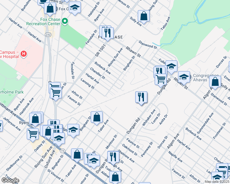 map of restaurants, bars, coffee shops, grocery stores, and more near 1113 Hartel Avenue in Philadelphia