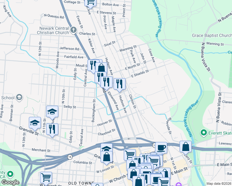 map of restaurants, bars, coffee shops, grocery stores, and more near 305 Hudson Avenue in Newark