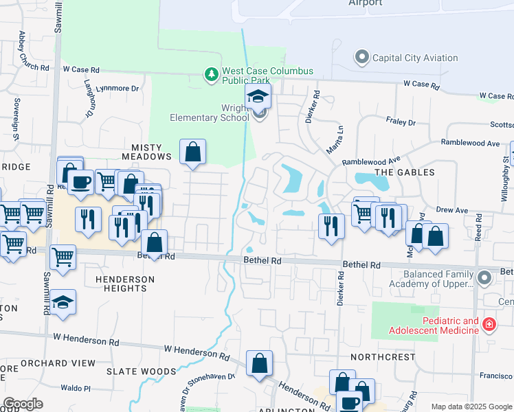 map of restaurants, bars, coffee shops, grocery stores, and more near 5437 Coachman Road in Columbus