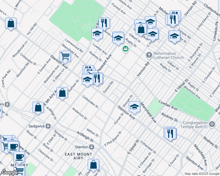 map of restaurants, bars, coffee shops, grocery stores, and more near 8021 Cornelius Street in Philadelphia