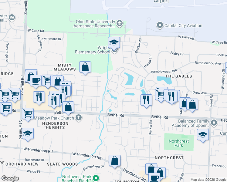 map of restaurants, bars, coffee shops, grocery stores, and more near 5399 Coachman Road in Columbus
