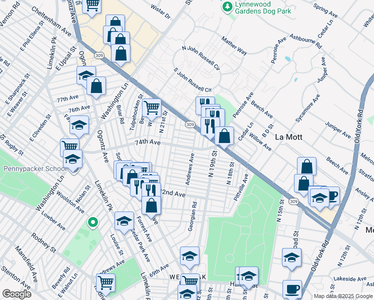 map of restaurants, bars, coffee shops, grocery stores, and more near 1960 74th Avenue in Philadelphia