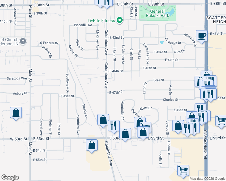 map of restaurants, bars, coffee shops, grocery stores, and more near 4808 Columbus Avenue in Anderson