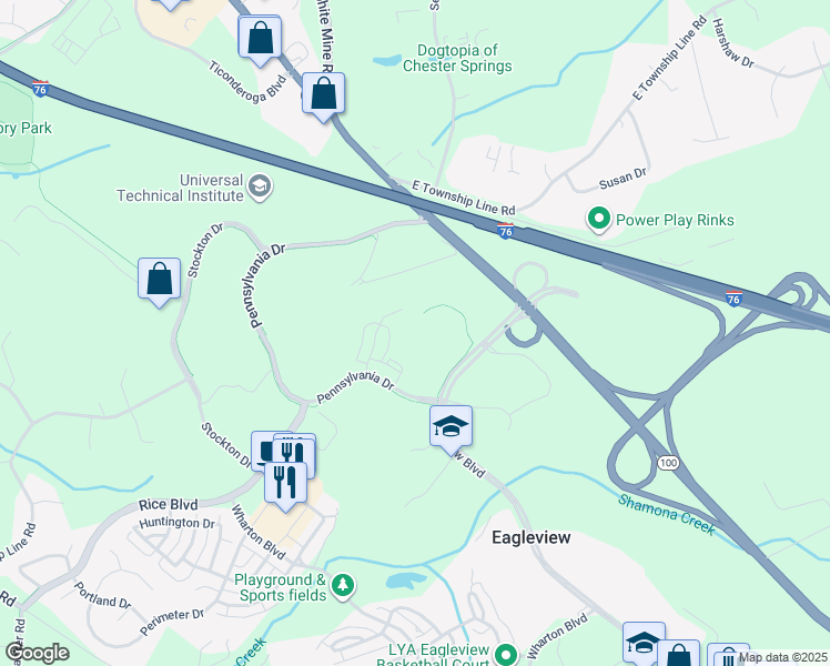 map of restaurants, bars, coffee shops, grocery stores, and more near 605 Pennsylvania Dr in Exton
