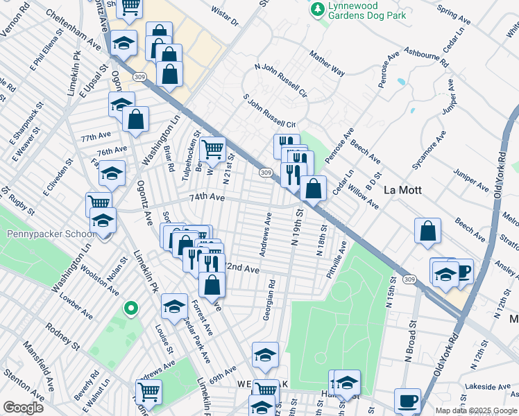 map of restaurants, bars, coffee shops, grocery stores, and more near 1964 74th Avenue in Philadelphia
