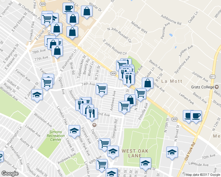 map of restaurants, bars, coffee shops, grocery stores, and more near 1964 74th Avenue in Philadelphia
