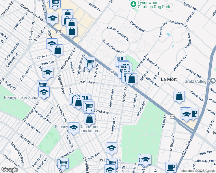 map of restaurants, bars, coffee shops, grocery stores, and more near 1968 74th Avenue in Philadelphia