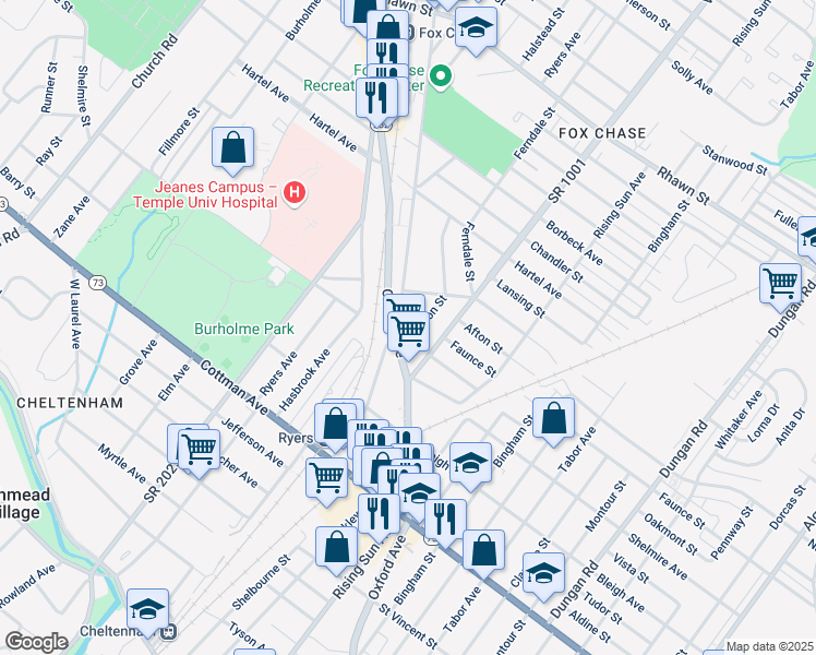 map of restaurants, bars, coffee shops, grocery stores, and more near 7514 Watson Street in Philadelphia