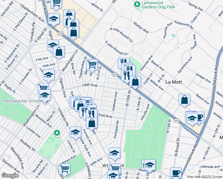 map of restaurants, bars, coffee shops, grocery stores, and more near 1966 74th Avenue in Philadelphia