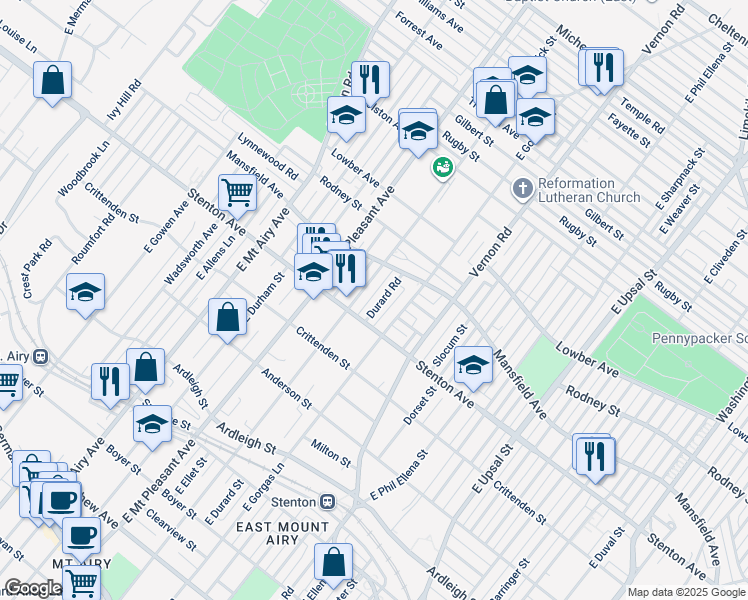 map of restaurants, bars, coffee shops, grocery stores, and more near 917 Durard Road in Philadelphia