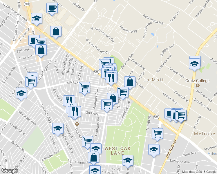 map of restaurants, bars, coffee shops, grocery stores, and more near 7360 North 19th Street in Philadelphia