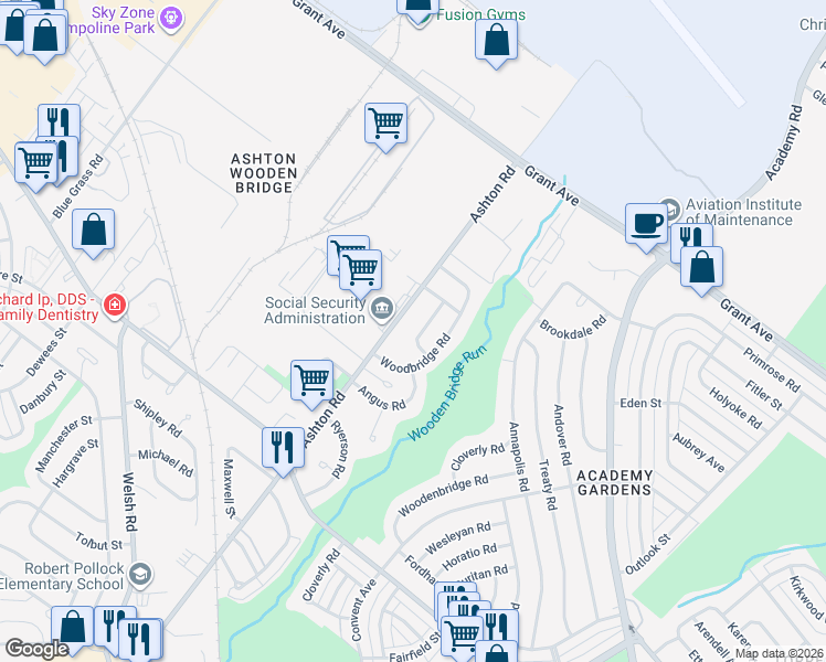 map of restaurants, bars, coffee shops, grocery stores, and more near 9424 Woodbridge Road in Philadelphia
