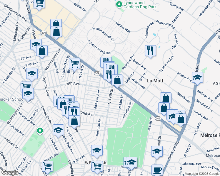 map of restaurants, bars, coffee shops, grocery stores, and more near 7360 North 19th Street in Philadelphia