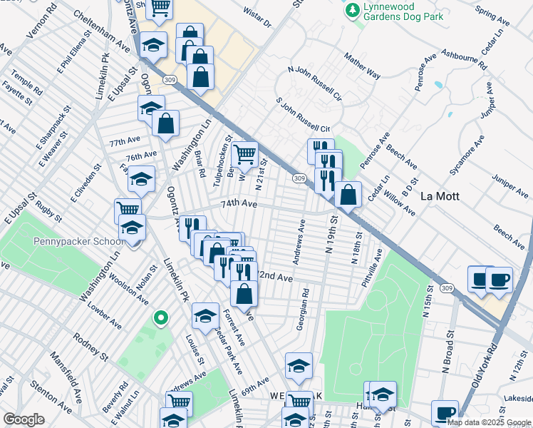 map of restaurants, bars, coffee shops, grocery stores, and more near 7350 North 20th Street in Philadelphia