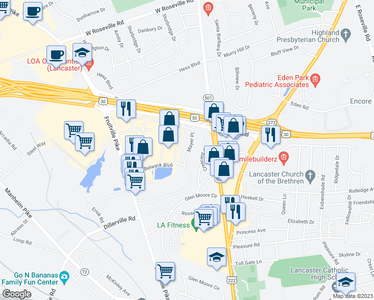 map of restaurants, bars, coffee shops, grocery stores, and more near 420 Mayer Place in Lancaster