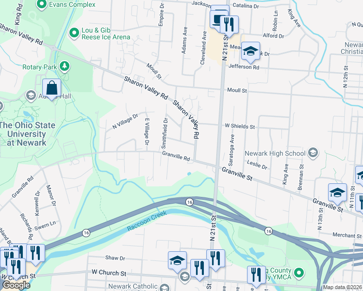 map of restaurants, bars, coffee shops, grocery stores, and more near 734 Granville Road in Newark