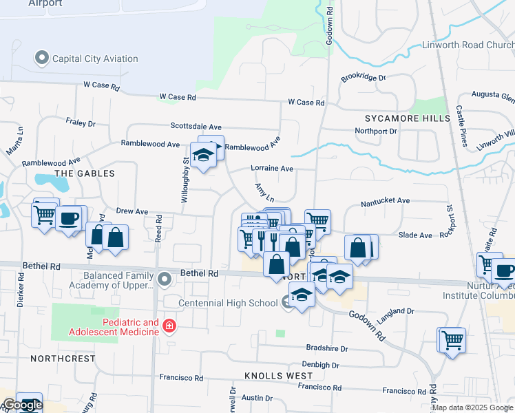 map of restaurants, bars, coffee shops, grocery stores, and more near 1484 Braeton Parkway in Columbus