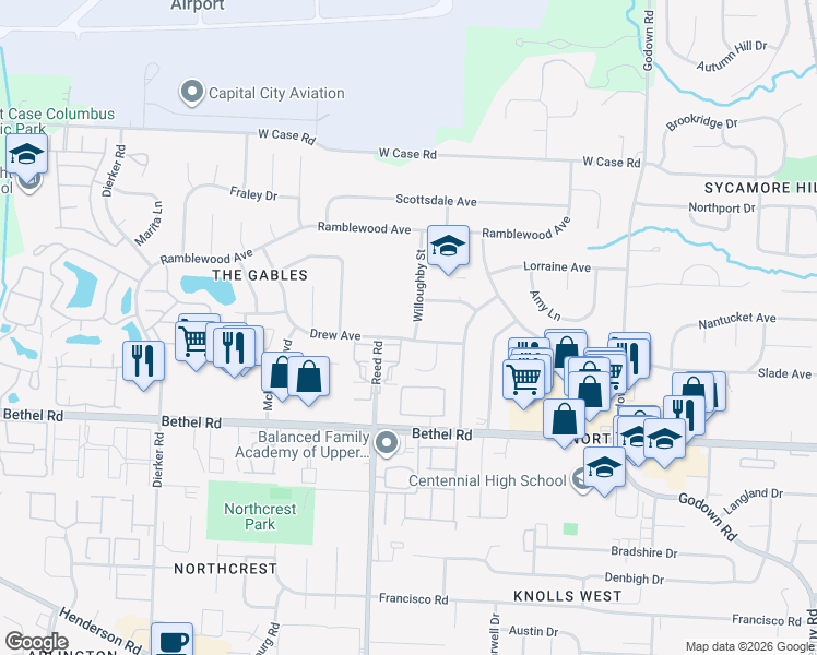map of restaurants, bars, coffee shops, grocery stores, and more near 5391 Shannon Lane in Columbus