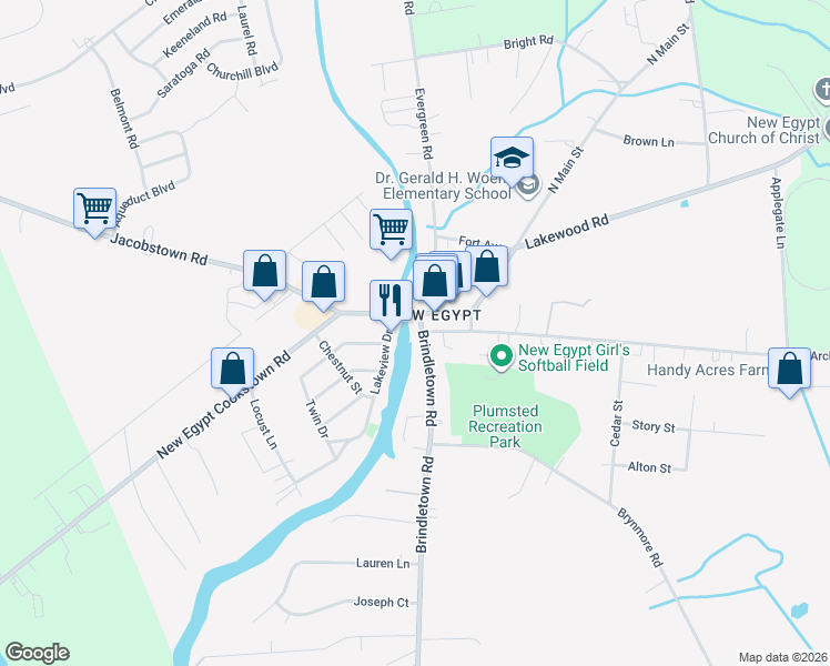 map of restaurants, bars, coffee shops, grocery stores, and more near 3 Allen Terrace in Plumsted Township