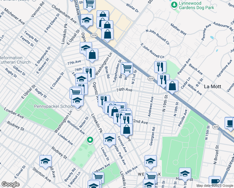 map of restaurants, bars, coffee shops, grocery stores, and more near 2164 74th Ave in Philadelphia