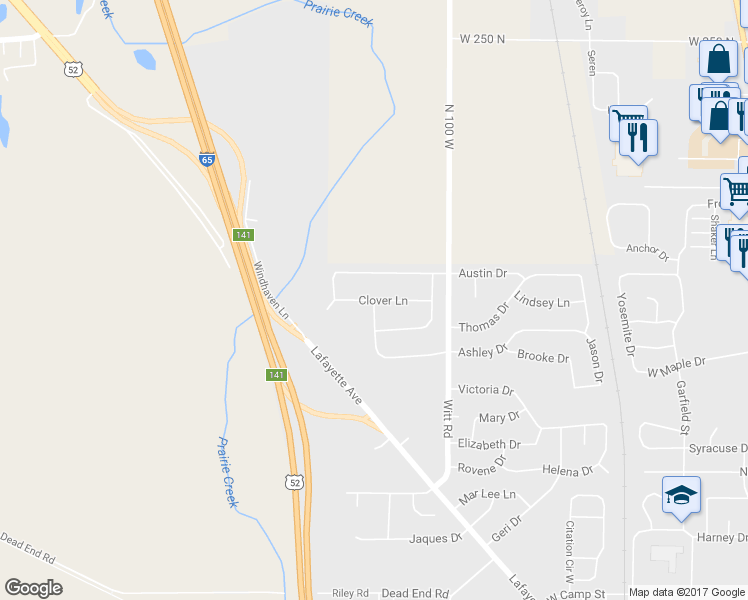 map of restaurants, bars, coffee shops, grocery stores, and more near Clover Lane in Lebanon